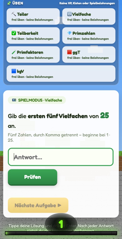Zahlenmine: Übungsthemen und eine Aufgabe zu Vielfachen